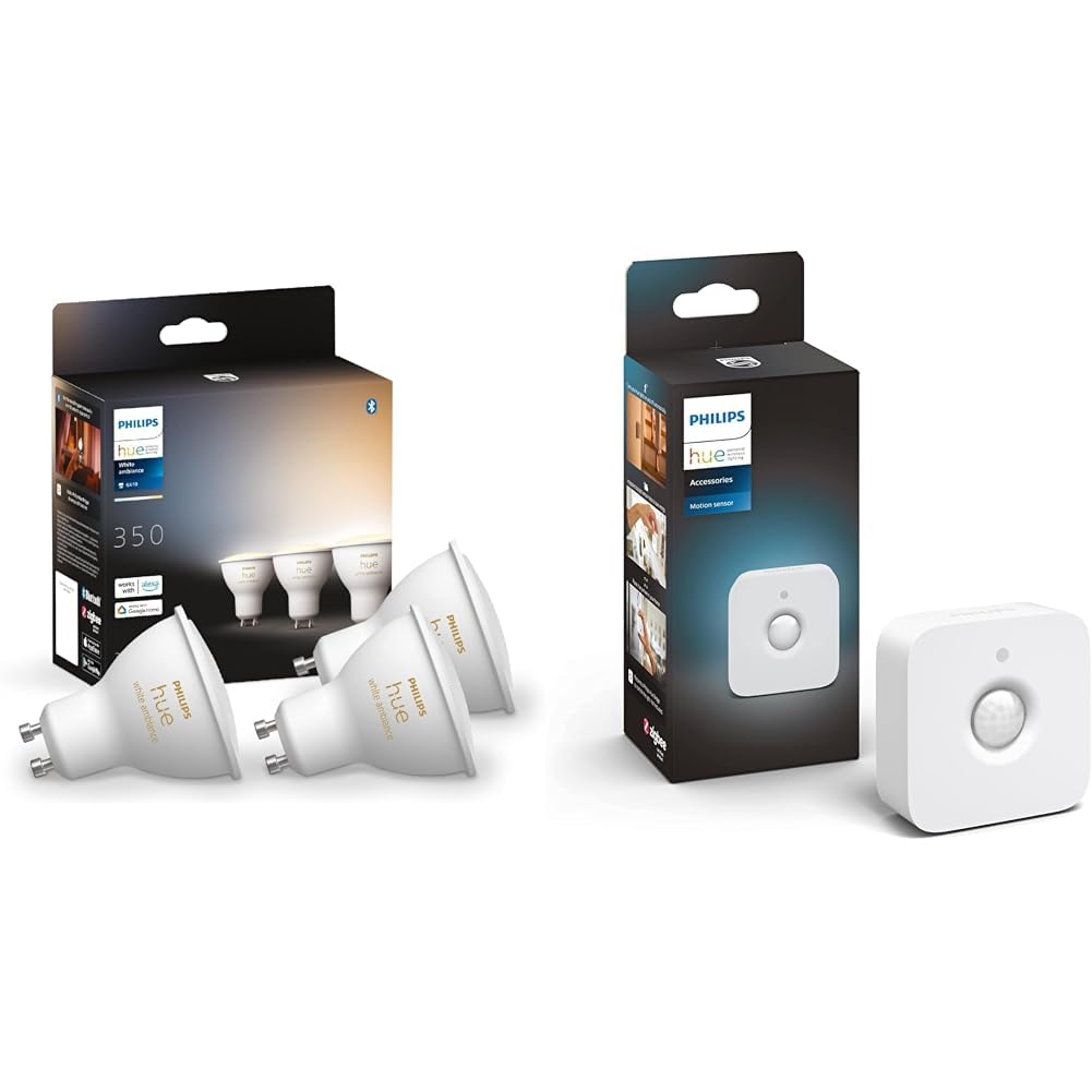 Philips Hue White Ambiance, ampoule LED connectées GU10 4.3W compatible Bluetooth, Lot de 3 & Hue Motion Sensor Détecteur de mouvement