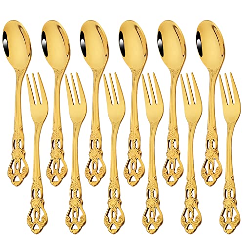 Snplowum 12-Piece Gold Stainless Steel Vintage Coffee Spoon And Cake Fruit Forks, Kitchen Accessory For Dessert, Salad, Appetizer (6 Forks + 6 Spoons)