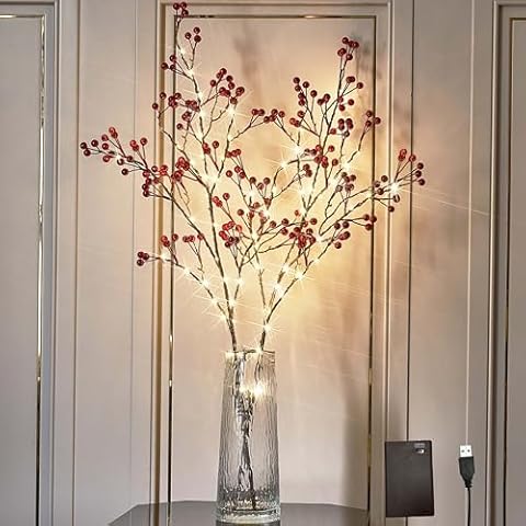 Hairui Red Berry Branches with Lights 32IN Battery Operated and USB Plug in, Lighted Willow Branches with Timer 80 LED Fairy Lights for Home Christmas Decoration Inside Cover