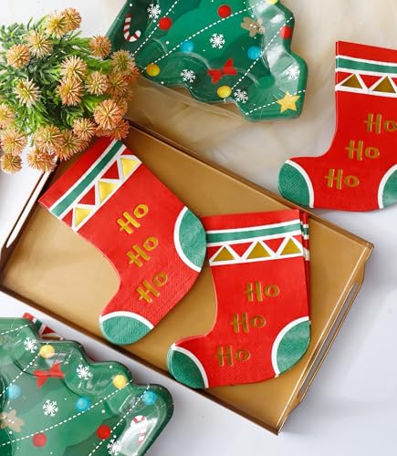 Winoo Design 100PCS Christmas Dessert Plates and Napkins Bulk - 50 PK - Small Tree Paper Plates Xmas Disposable Plates Stockings Napkins for Christmas Decorations Décor Party Supplies – Image 4