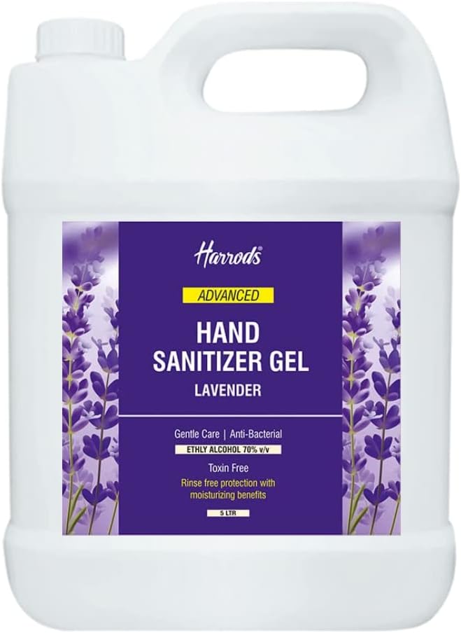 HARRODS Hand Sanitizer Alcohol-Based Lavender Instant Hand Sanitizer Refill Pack, For Multi-Purpose Use, Kills 99.9% Germs, 5L| WHO Recommended 80% Alcohol Base Liquid Hand Sanitizer, Power of 3 Herbal Extract Neem, Tulsi & Aloe-Vera Hand Sanitizer