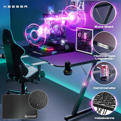 KESSER® Gaming Tisch 180cm x 80cm | Z-Form Gamer Schreibtisch | Kopfhörerhaken & Kohlebeschichtung | Ergonomischer PC Computertisch | Stabiler Tisch mit Getränkehalter Schwarz – Bild 4