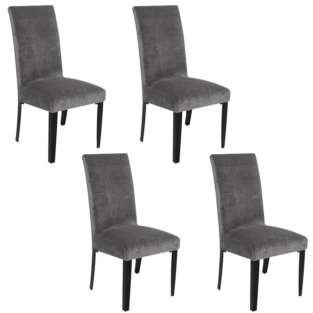 SANOCAY Soft Thick Grey Solid Velvet Dining Chair Covers Parson Stretch Chair Slipcover for Dining Room Washable Set of 4 Chair Protectors Covers (