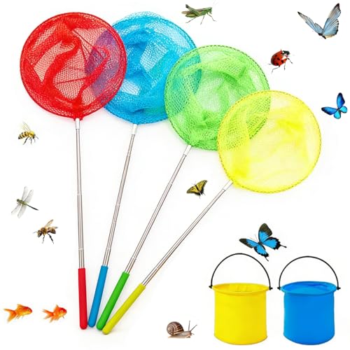 4 Pcs Extendable Fishing Nets with 2 Foldable Water Buckets Set Telescopic Butterfly Net 38cm to 86cm Colorful Insect & Fish Catcher with Fine Mesh for Beach Ponds and Outdoor Exploration