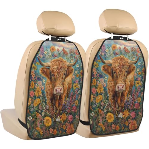 Highland Cow In Flower Garden Car Seat Back Kick Protectors,2 Pack Kick Mats With Storage Pockets For Vehicles To Protect From Dirt Mud Scratches