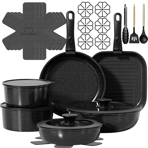 Comparison: Best Cookware For Rv Gas Stove 9 OzawaBear 26 Pcs Pots and Pans Set Non Stick, Ceramic Cookware Set Non Toxic with Detachable Handles, Healthy Induction Cookware Oven Safe RV Kitchen Set, PFAS PFOA & PTFE Free, Black
