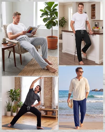 Image of 3 Pack Mens Cotton Pajamas Pants Lounge Pjs Bottoms Sleepwear Bottoms Soft Pants with Pockets Drawstring