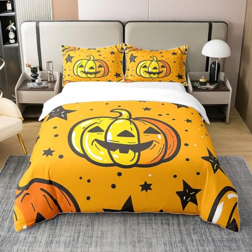 Cartoon Pumpink Yellow Duvet Cover 100% Nature Cotton King,Hand Drawn Hallowenn Pumpinks Stars Dots Comforter Cover (Not Comforter),Cartoon Kids Halloween Bedroom Gifts Super Soft Bedding