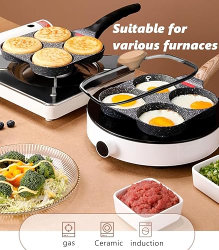 Image of Non-Stick 4-Hole Frying Pan for Cooking | Heavy-Duty Iron Egg Frying Pan with Wooden Handle | Multi-Section Omelette & Pancake Maker | Non-Stick Breakfast Skillet for Kitchen (Black)