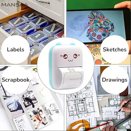 Image of MANSAA Mini Thermal Printer, Portable Bluetooth Pocket Printer for Android & iOS, Cute Cat Inkless Thermal Printer, USB Rechargeable Sticker & Label Printer for Notes, Study & Photos (White & Blue)