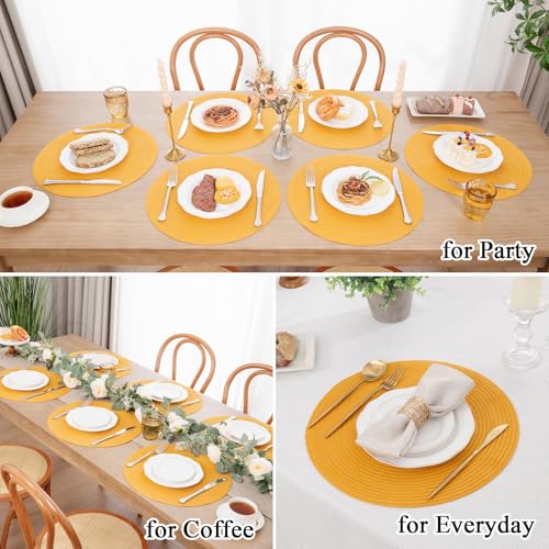 Image of SHACOS 15 inch Round Braided Placemats Set of 6 Non Slip Washable Kitchen Table Place Mats Cotton Polyester Heat Resistant Table Mats for Home Wedding Dinner Party Table Decor, Mustard Yellow