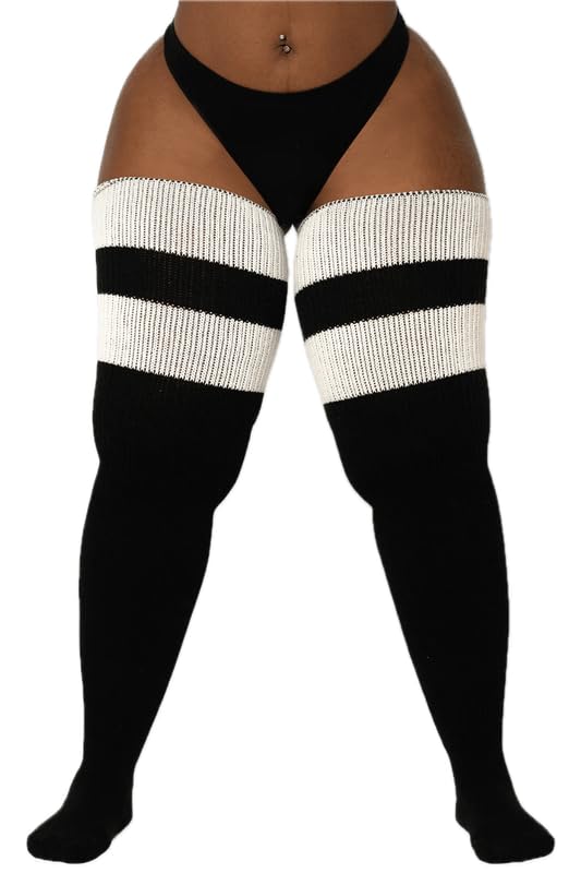 Image of Thunda Thighs Plus Size Thigh High Socks, Over the Knee High Boot Stockings Leg Warmers, Extra Long & Thick Socks, Thunda Woolies, Black and White