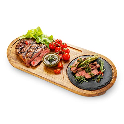 Wooden Steak Serving Plate Cutting Board with Juice Channel Serving Tray with Slate Stone for BBQ Cheese Fish Grill Meat Acacia Wood Steak Board Platter with Hand Grooves