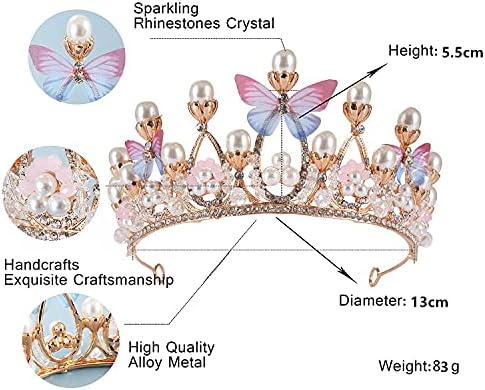 Alytimes Princess Tiaras for Girls, Crystal Tiara Pearl Princess Crown Headband, Princess Tiara Headband for Birthday, Celebration, Holiday,Costume Party (Butterfly Crown)