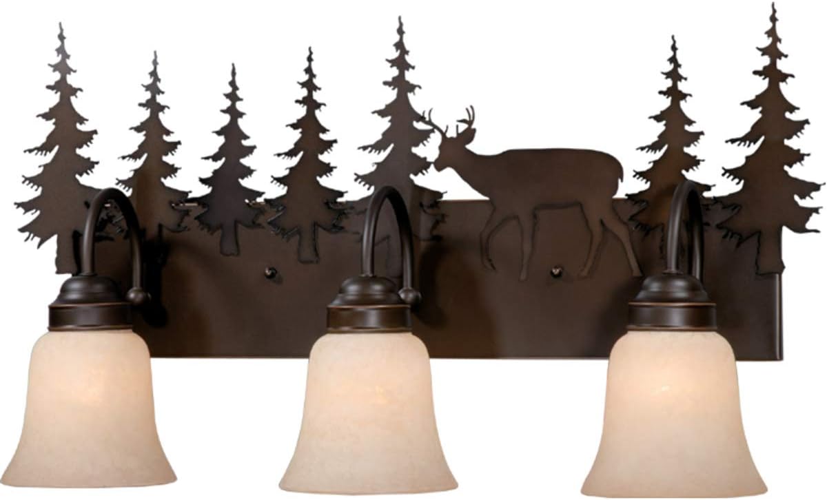 3 Light 25 Inch Rustic Burnished Bronze Deer Bathroom Vanity Wall Lighting Fixture in Bronze, Rustic Deer Bath Vanity Wall Light Lamp Moose Lighting Deer Lighting Bear Bathroom Vanity Lighting