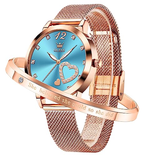 Image of OLEVS Rose Gold Watch for Women Mesh Strap Fashion Dress Hearts Japanese Quartz Waterproof Luminous Ladies Watches Bracelet Sets