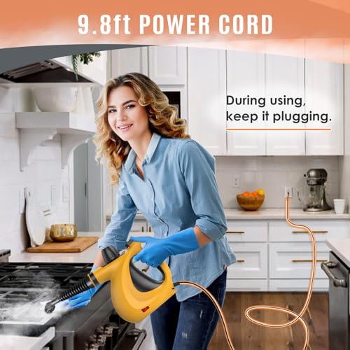 Image of Phueut Pressurized Handheld Multi-Surface Natural Steam Cleaner with 12 pcs Accessories, Multi-Purpose Steamer for Home Use, Steamer for Cleaning Floor, Upholstery, Grout and Car (Orange)