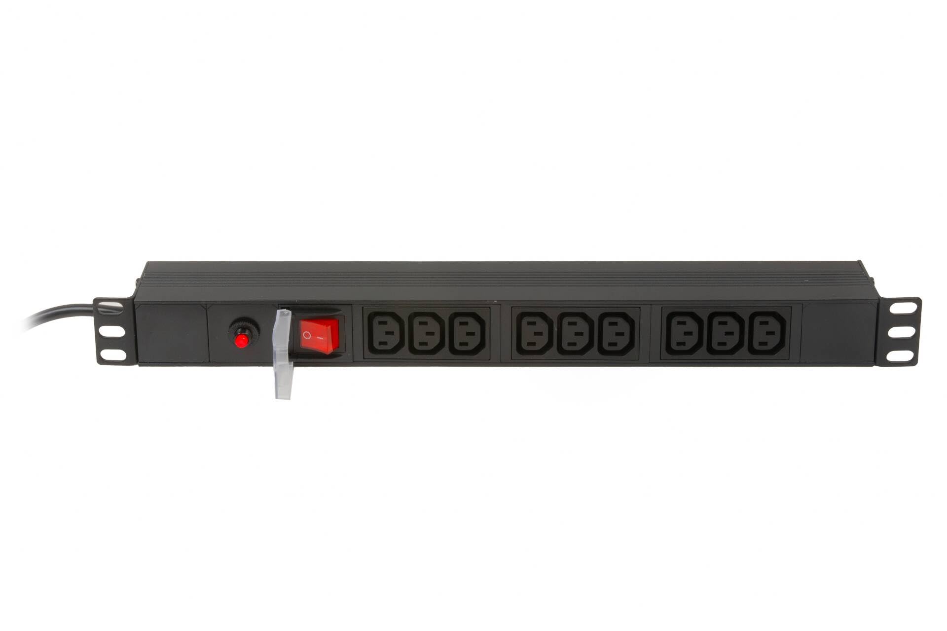 multipresa CO10052 9 prese femmina IEC C13 per armadi rack 19" con protezione sovraccarichi e cavo 1,75 metri in metallo dimensioni 48,5x4,5x4,5 cm confezione 20 unità. Alette reversibili.