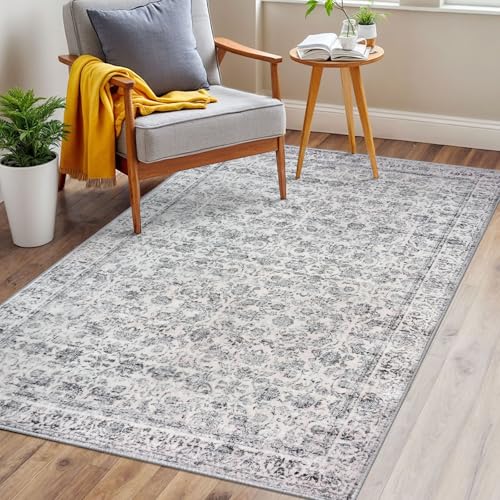 3x5 Grey Blue White Washable Rug for Entrance, Soft Distressed Floral Rug with Non-Slip, Low-Pile Vintage Neutral Area Rugs for Entryway Living Room, Bedroom, Dorm Carpet with Non-Shedding
