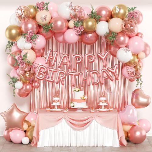 Rose Gold Birthday Decorations with Metallic Rose Gold Confetti Pink White Nude Balloons Happy Birthday Banner for Pink and Gold Birthday Decorations for Women
