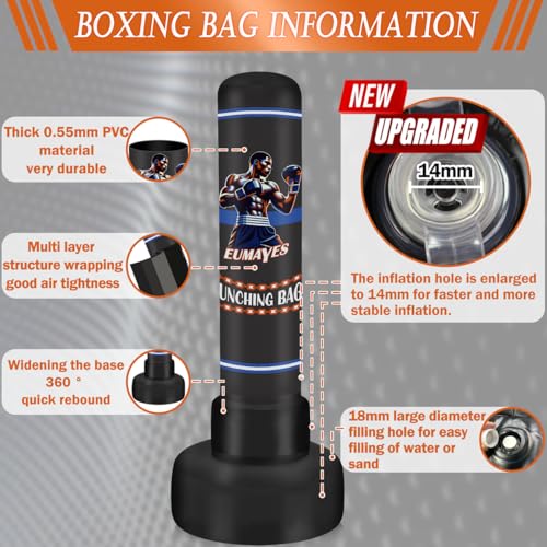 Saco de Boxeo de pie para Adultos, 180cm Saco de golpeo de pie con Guantes de Boxeo y Bomba de Aire eléctrica, Sacos de Kickboxing Inflable para Entrenamiento MMA Muay Thai Fitness - imagen 2