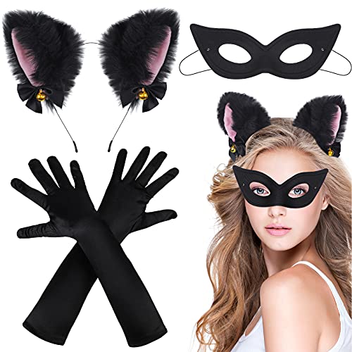 3 Pieces Halloween Cat Costume Cosplay,Cat Woman Mask Cat Ear Headband with Bells Black Satin Gloves, Cat Ears Headwear Masquerade Mask for Halloween Party Decoration