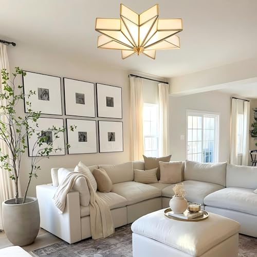 Image of LIGHTLAND 19.7 Inch Flush Mount Star Ceiling Light, 4 Lights Brass Ceiling Lamp with Glass Lampshade, Art Deco Close to Ceiling Light Fixtures for Bedroom Living Room Entryway Hallway, Gold