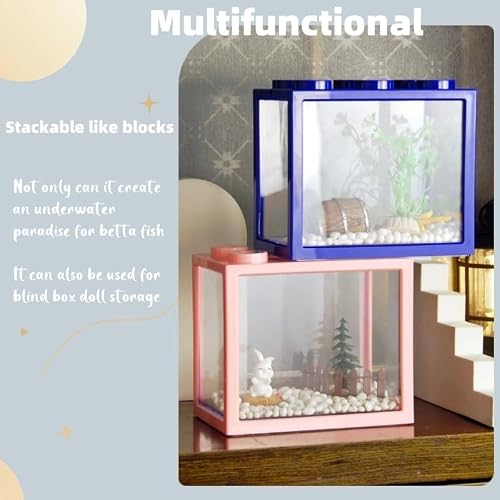 Small Betta Fish Tank, Stackable Mini Aquarium Tank Kit with Aquarium Gravel & Forest Micro Landscape, 0.6 Gallon Acrylic Cube Fish Bowl for Sea Monkeys Shrimp Snails (Blue) - Thumbnail 4