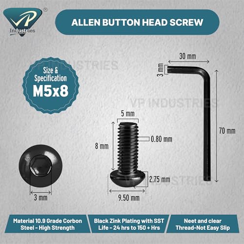 Image of By inchVP INDUSTRIES inch (Pcs-25) M5x8 mm Allen Button Head Cap Screw Black Zinc Plated High Tensile | Round Head Screw for Modular Furniture, Wooden Work, Electrical Fittings, DIY & Industrial Use