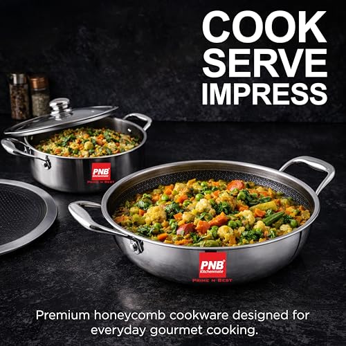 Image of PNB Kitchenmate Tri-Ply Stainless Steel Hybrid Non-Stick Karahi with Glass Lid | Heavy Bottom Kadhai for Cooking, Metal Spoon Friendly | Stay Cool Handles, Induction Base | 28cm, 4.0 Litre (2.5mm)
