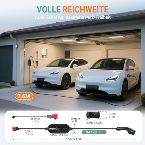 AIMILER Wallbox 11kW mit App, 400V (8-16A) 3 phasig 7,6M Mobile Ladestation CEE Typ 2 Ladekabel IP66 OLED EV Ladegerät Portabel/Wandmontage für Model Y/3, ID.3/4/5, MG4,Zoe und andere PHEV/EV