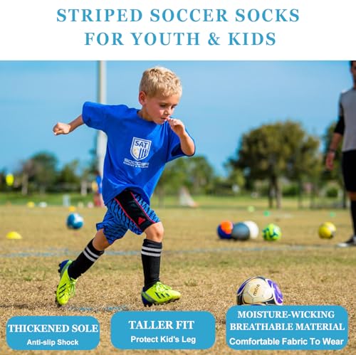 6 Pairs Kids Soccer Stretchy Knee High Tube Socks Colorful Football Athletic Team Socks for Boys Girls (US, Age, 4 Years, 8 Years, Black-6 Pairs)4