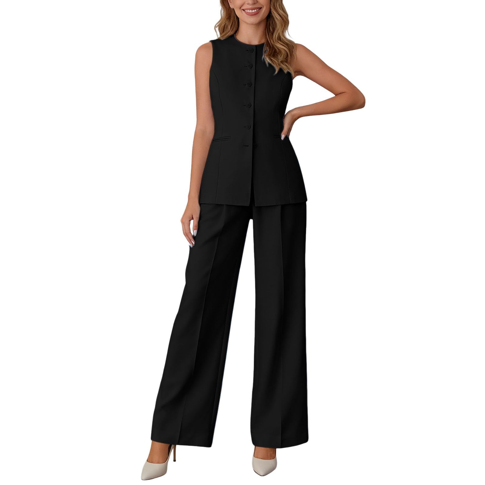 Generisch Tuta da donna in 2 pezzi, elegante scollo a V, blazer senza maniche, gilet e pantaloni, tuta da lavoro a gamba larga, abito formale, streetwear, alla moda, set da due pezzi