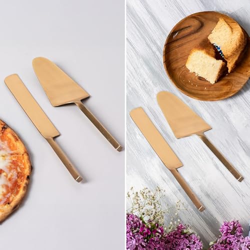 Image of nestroots Golden Stainless Steel Cake Server Set of 2 | 9 Inches Knife & Server with Plain Handle | Perfect for Cake Cutting, Dessert Serving & Partiess | Elegant & Durable Design