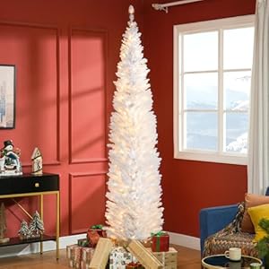 HOMCOM 8 Tall Pre Lit Slim Noble Fir Artificial Christmas Tree with 300 Warm White LED Lights and 618 Tips for Christmas Decoration White