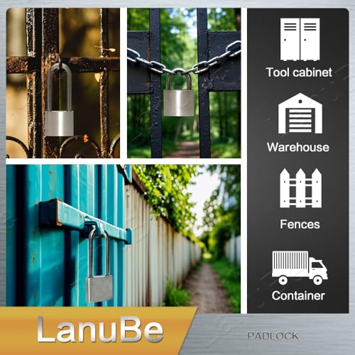Image of LanuBe 304 Stainless Steel Keyed Alike Padlocks for Outdoor use, Pin Tumbler Padlock, 2 inch Wide Body, Stainless Steel Body Long Shackle, Pack of 1