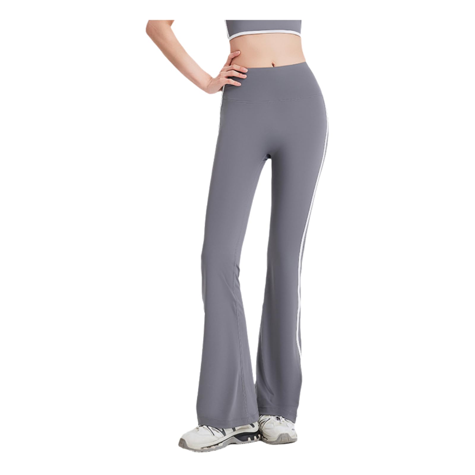 Bootcut Jazzpants damskie spodnie do jogi w paski, z wysoką talią, do biegania, w kolorze brzoskwiniowym, spodnie do fitnessu, w kolorze skóry, rozciągliwe spodnie dresowe L szare