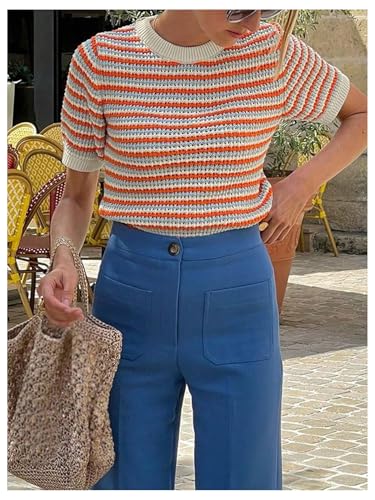 GORGLITTER Women's Short Sleeve Crochet Sweaters Lightweight Striped Colorful Going Out Fall Pullover Top4
