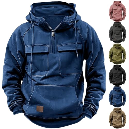 Mens Tactical Sweatshirts Quarter Zip Aztec Hooded Pullover Long Sleeve Cargo Workout Outdoor Hoodies (3X-Large,Dark Blue)