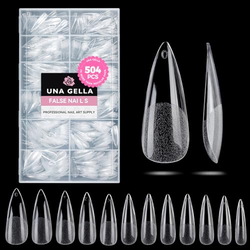 UNA GELLA Capsule Américaine Ongle Stiletto Long, 504 Pièces 12 Tailles, Formes Amande Préformées sans limage, Ongles Clair pour Extension et Art DIY en Salon