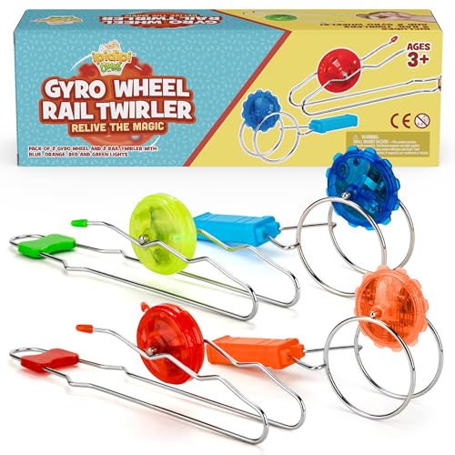 IPIDIPI TOYS Retro Magic Rail & Gyro Wheel Twirlers – 4-Pack (2 Rail Twirlers, 2 Gyro Wheels) Light Up Magnetic Spinning Toys, Classic Vintage...