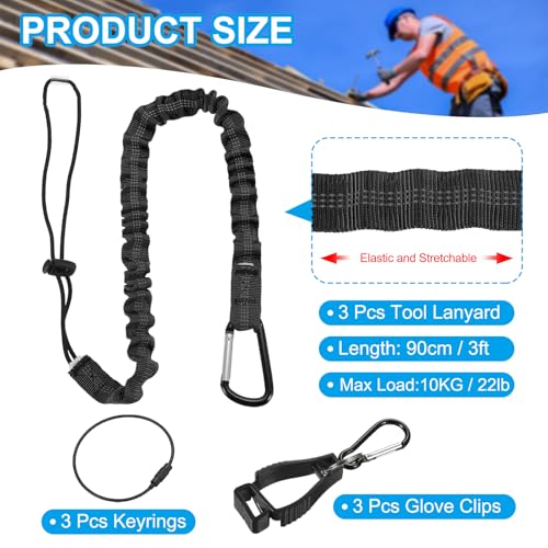Image of MECCANIXITY Retractable Tool Lanyard 3ft with Aluminum Buckle and Adjustable Loop End, Included Glove Clamps and Keychains, Fall Protection Tools Leash for Hand Tools, Black 3 Pack