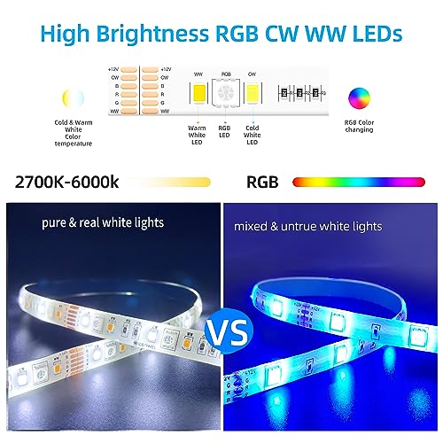 Image of GIDEALED RGBWW LED Strip Lights 2700K~6500K, Warm White Cool White & 16 Million RGB Color Changing,5050 RGBCCT LED Strip Dimmable,DC 12V RGBWW LED Light Strip 16.4ft only