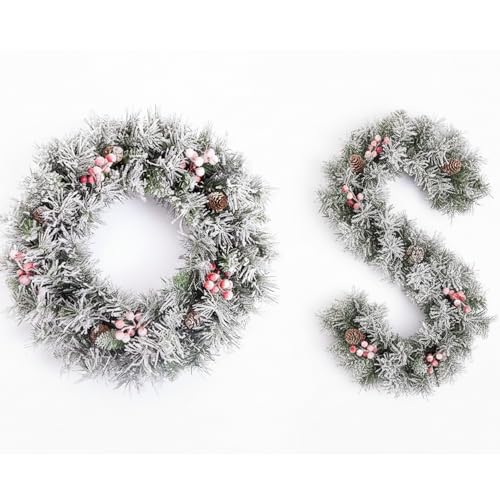 EVRE Christmas Wreath and Garland Set | Artificial 50cm Snowy Wreath with Pine Cones & Red Berries and Matching 9ft Snow Frosted Garland, Indoor Outdoor Xmas Decorations for Door, Fireplace & Stairs