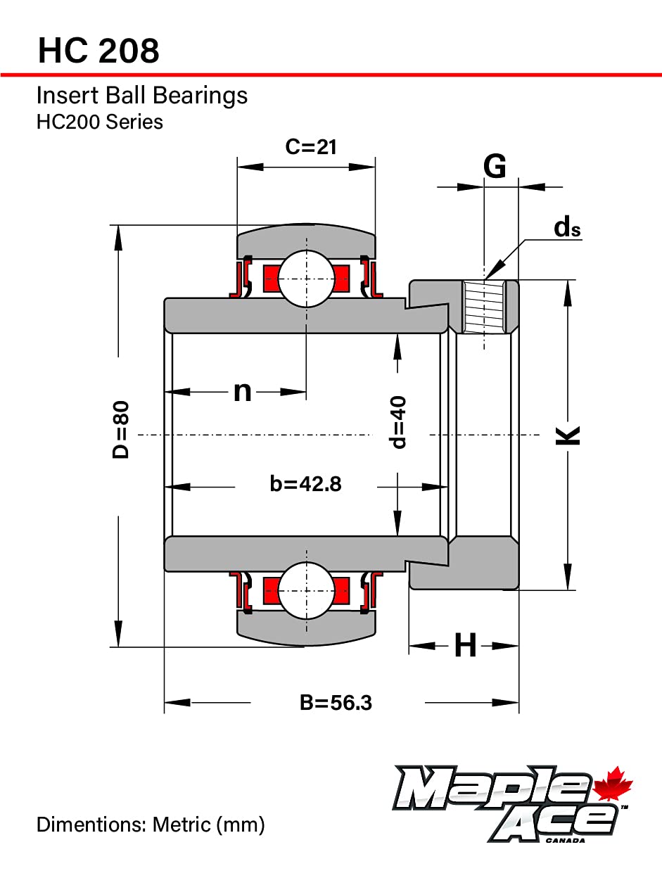 MAPLE ACE HC208, NA208 Insert Bearing 40mm Bore, Spherical OD with Eccentric Locking Collar and Lubrication Hole