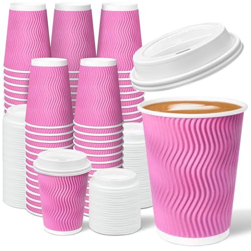 Charmount 100 Pack 12 oz Pink Disposable Insulated Coffee Cups with Lids - Ripple Wall Hot Paper To-Go Cups for Coffee Tea Cocoa and Drinks - For Valentines Day