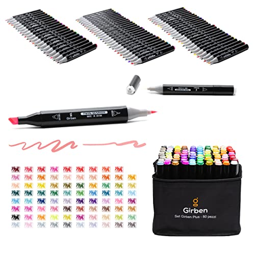 Girben Set Plus Pennarelli ad Alcool 80 Colori – Marker Professionali Doppia Punta Brush & Scalpello, Disegno, Manga, Illustrazione, Bullet Journal – Set Regalo Premium per Artisti