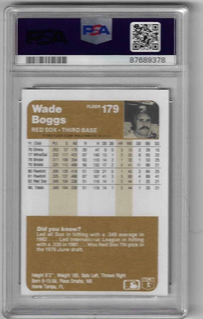 Wade Boggs Graded Rookie Card PSA 6 EX-MT Collectible Baseball Card - 1983 Fleer Baseball Card #179 (Red Sox)