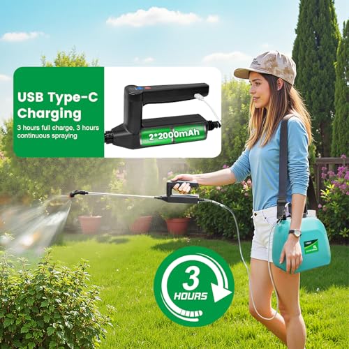 Image of Battery Powered Sprayer 1.35 Gallon, 2026 Electric Garden Sprayer with 3 Adjustable Speeds, 4 Mist Nozzles, Rechargeable Handle, Retractable Wand with Adjustable Shoulder Strap for Weed Lawn(Green)