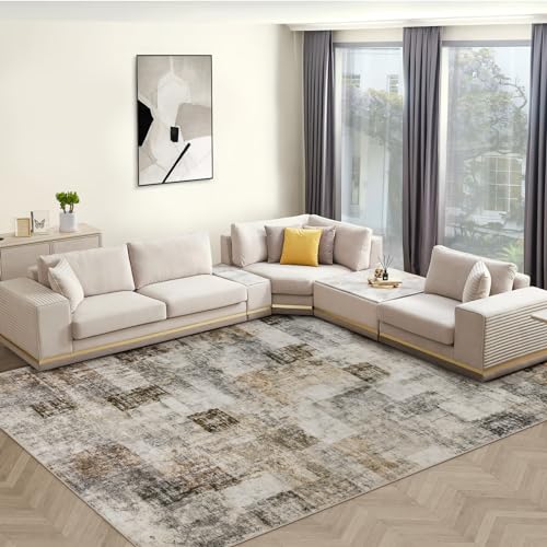 Area Rug Living Room Rugs 8x10 Washable: Soft Modern Abstract Fluffy Rug with Non-Slip Backing, Indoor Plush Throw Rug Large Accent Carpet for Bedroom Dining Room Nursery - Beige/Gray
